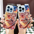 Two phone cases with an anime Kimetsu No Yaiba Demon Slayer Kyojuro Rengoku design held by a person.