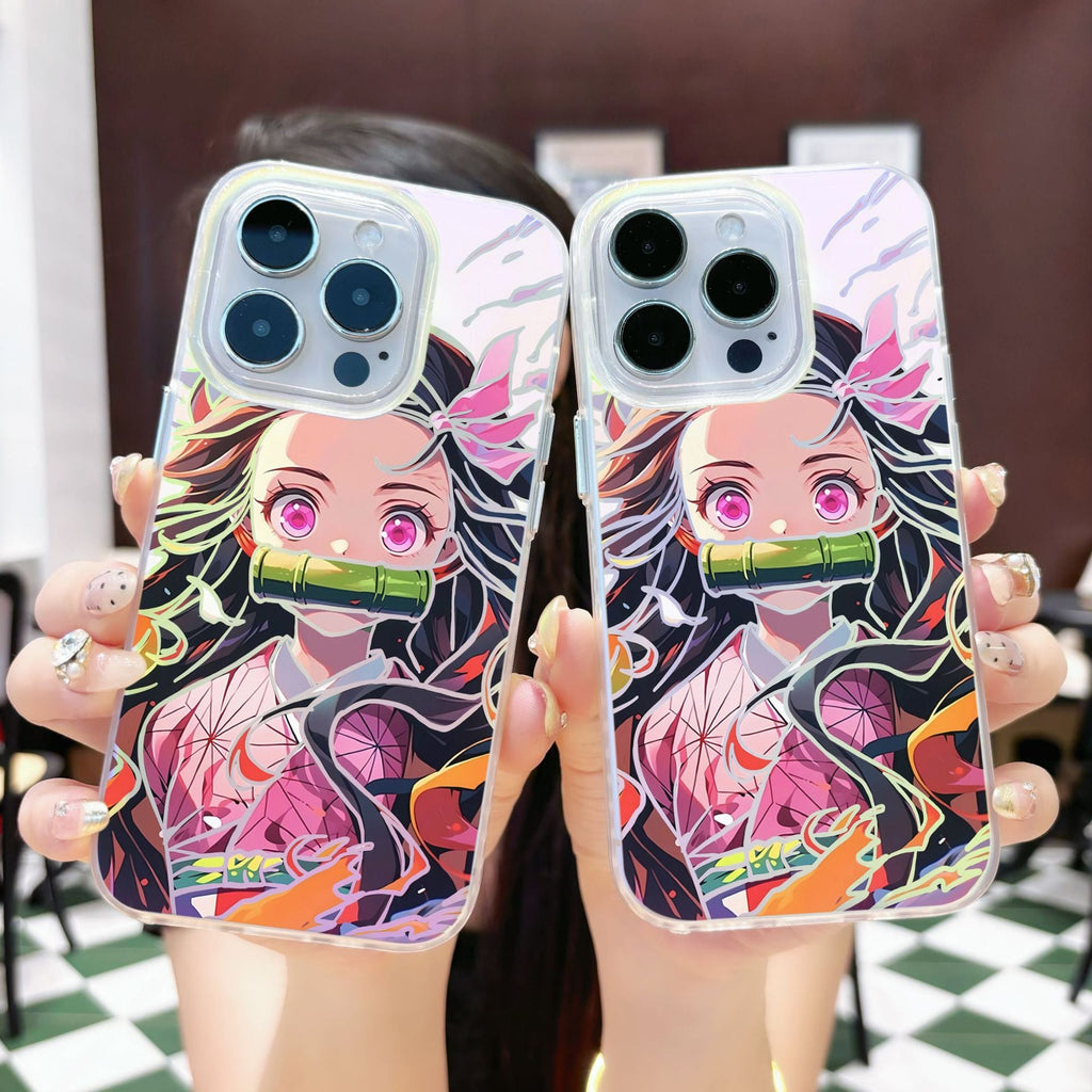 Two phone cases with an anime Kimetsu No Yaiba Demon Slayer Nezuko Kamado character design held by a person.