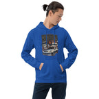 a man wearing a blue hoodie with Vintage Night Wanderer Car graphic design on a white background