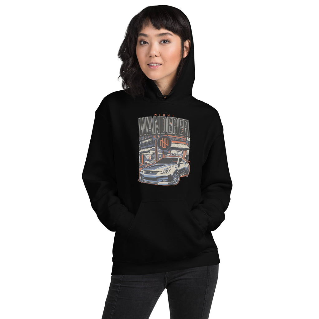 a woman wearing a black hoodie with Vintage Night Wanderer Car graphic design on a white background
