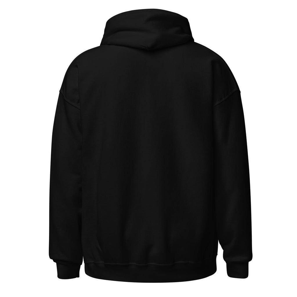 back side view of a black hoodie on a white background