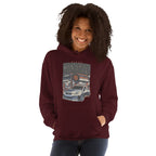 a woman wearing a maroon hoodie with Vintage Night Wanderer Car graphic design on a white background