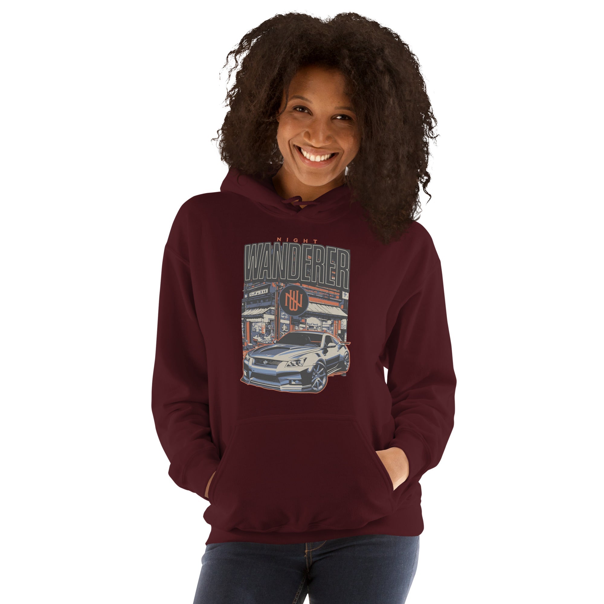 a woman wearing a maroon hoodie with Vintage Night Wanderer Car graphic design on a white background
