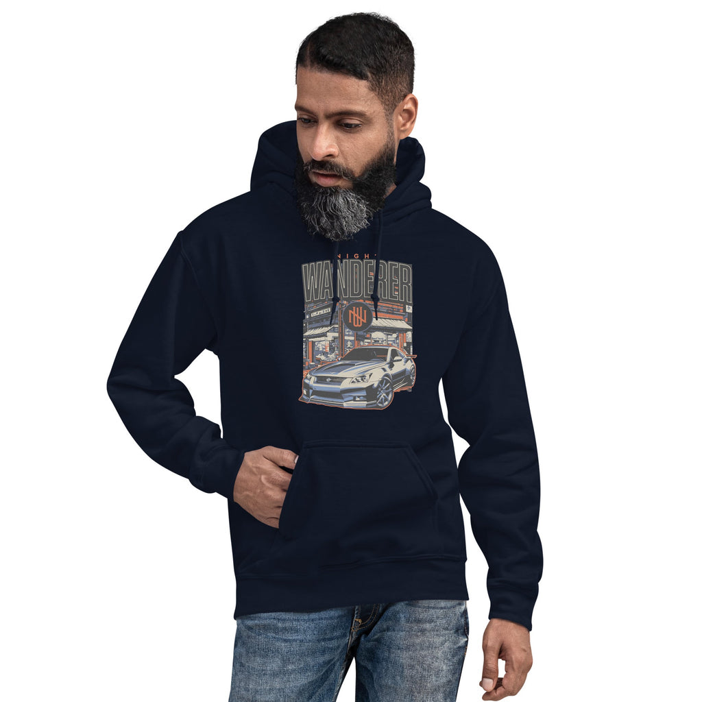 a man wearing a navy hoodie with Vintage Night Wanderer Car graphic design on a white background