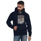 a man wearing a navy hoodie with Vintage Night Wanderer Car graphic design on a white background
