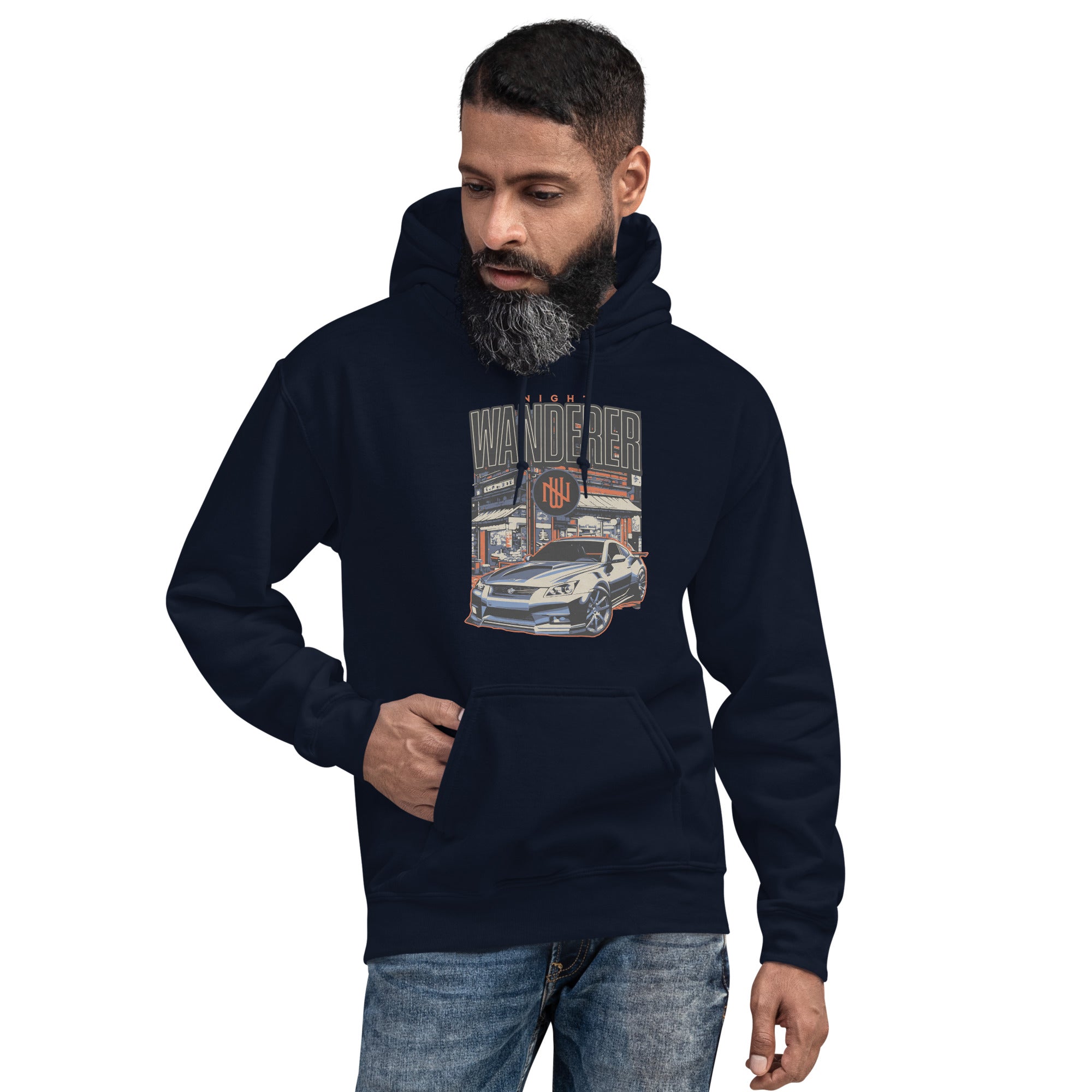 a man wearing a navy hoodie with Vintage Night Wanderer Car graphic design on a white background