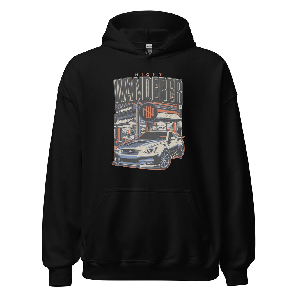 black hoodie with Vintage Night Wanderer Car graphic design on a white background