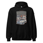 black hoodie with Vintage Night Wanderer Car graphic design on a white background