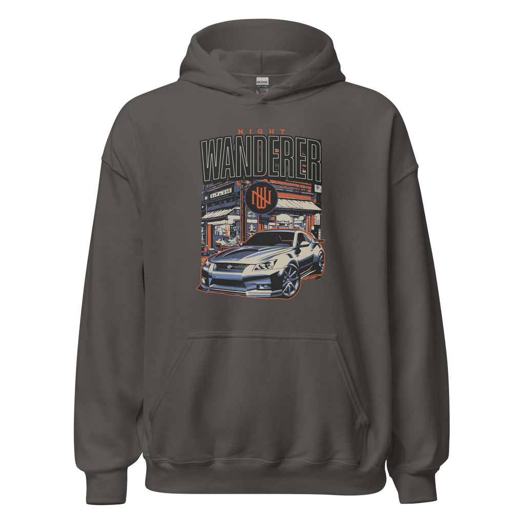 charcoal hoodie with Vintage Night Wanderer Car graphic design on a white background