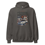 charcoal hoodie with Vintage Night Wanderer Car graphic design on a white background