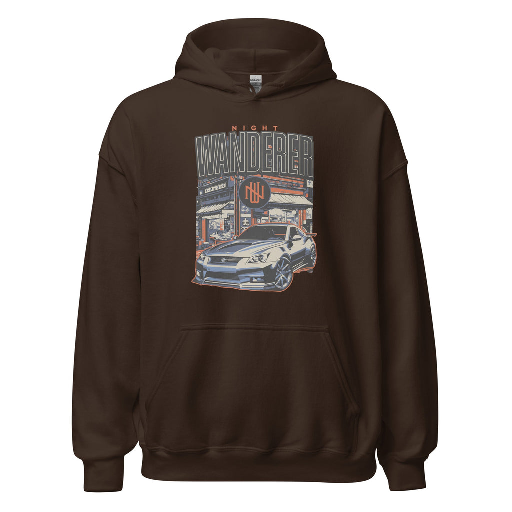 dark chocolate hoodie with Vintage Night Wanderer Car graphic design on a white background