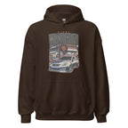 dark chocolate hoodie with Vintage Night Wanderer Car graphic design on a white background