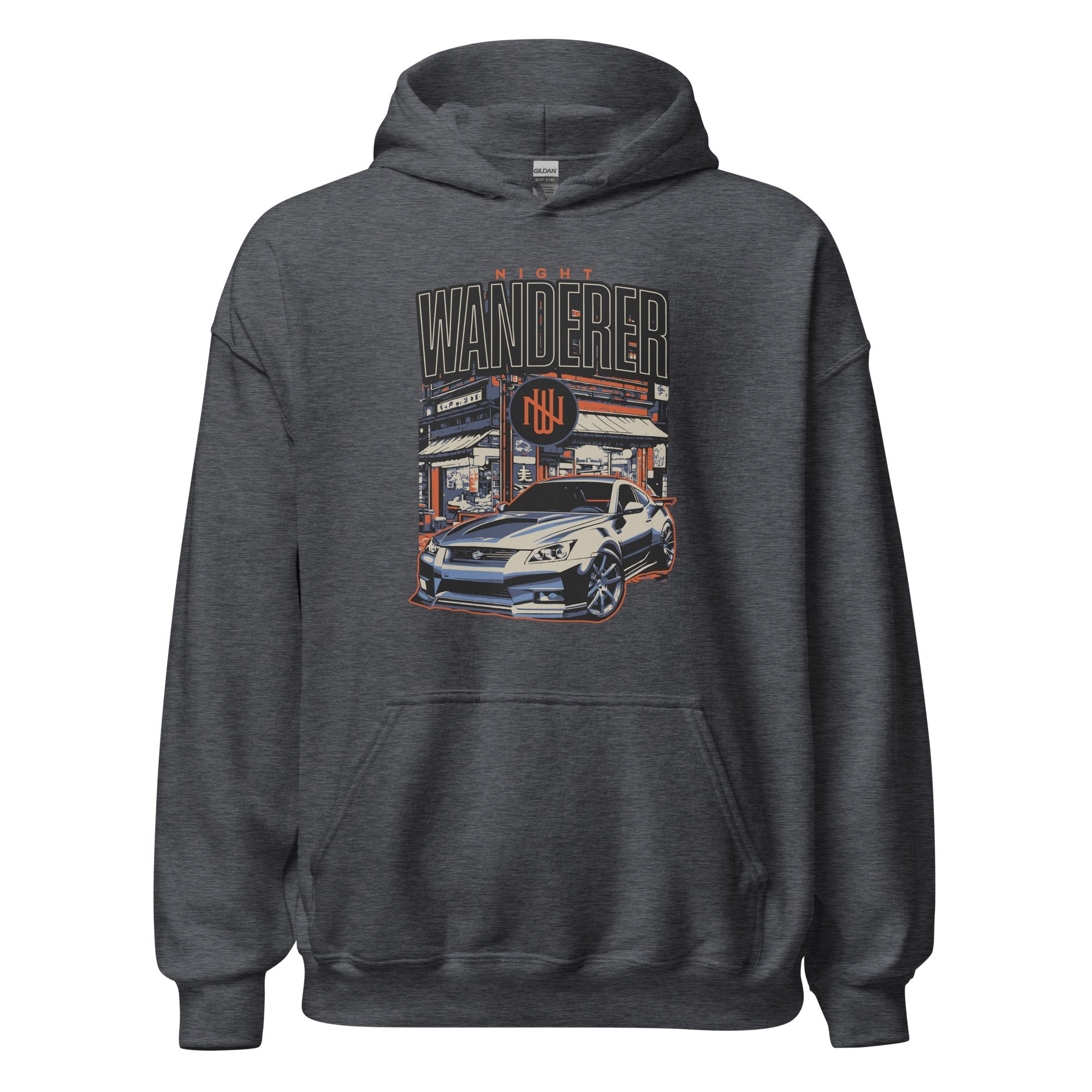 dark heather hoodie with Vintage Night Wanderer Car graphic design on a white background
