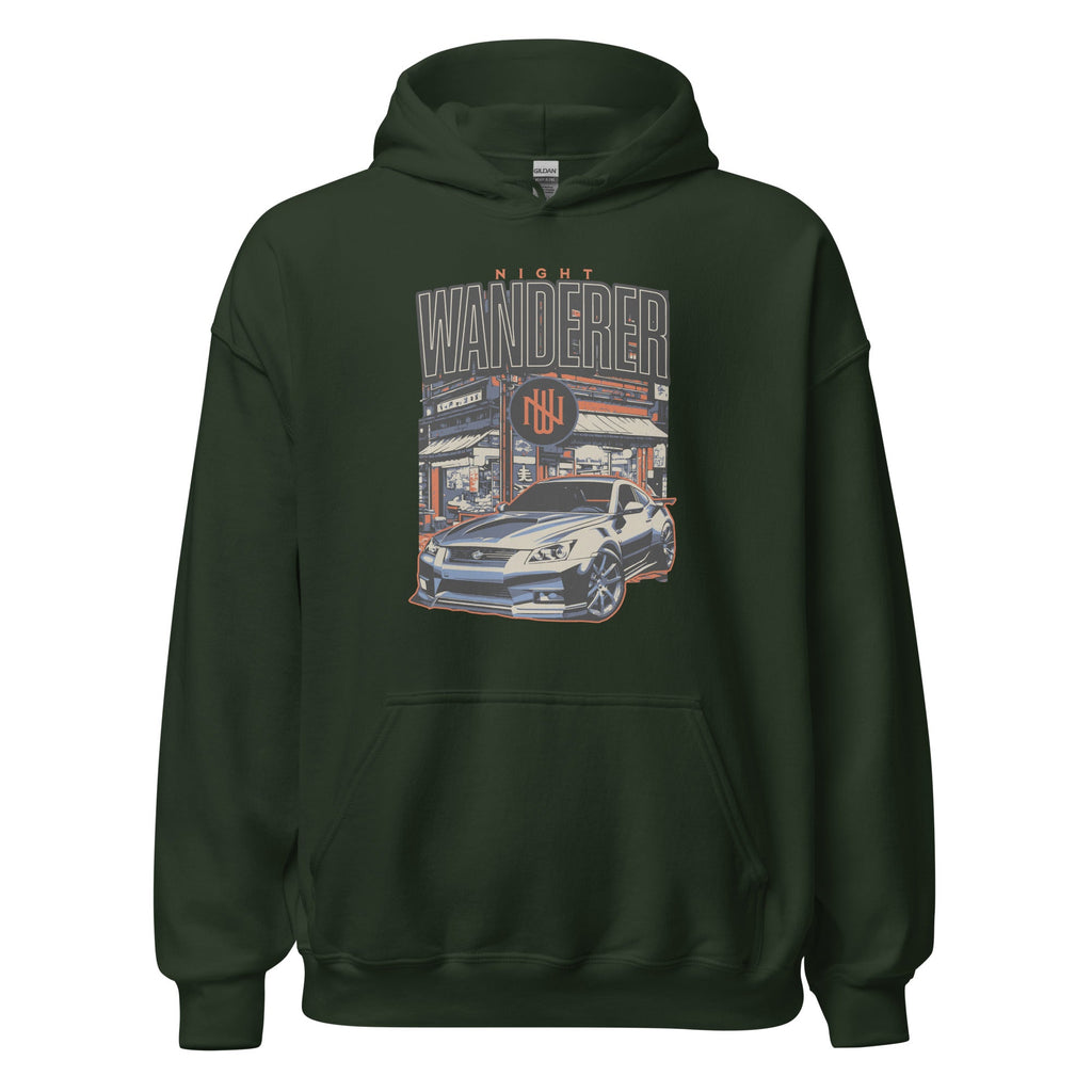 green hoodie with Vintage Night Wanderer Car graphic design on a white background
