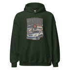 green hoodie with Vintage Night Wanderer Car graphic design on a white background
