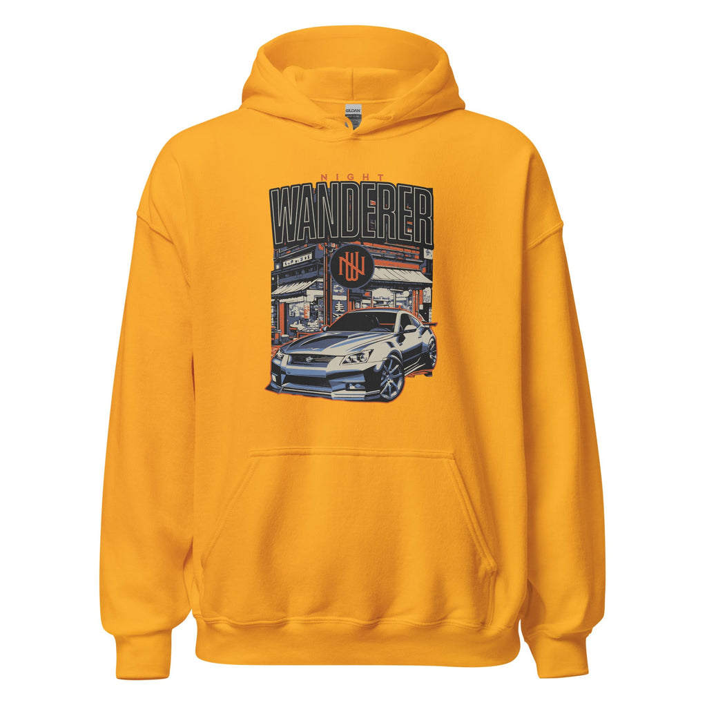 gold hoodie with Vintage Night Wanderer Car graphic design on a white background