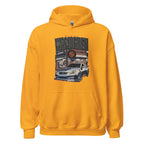 gold hoodie with Vintage Night Wanderer Car graphic design on a white background