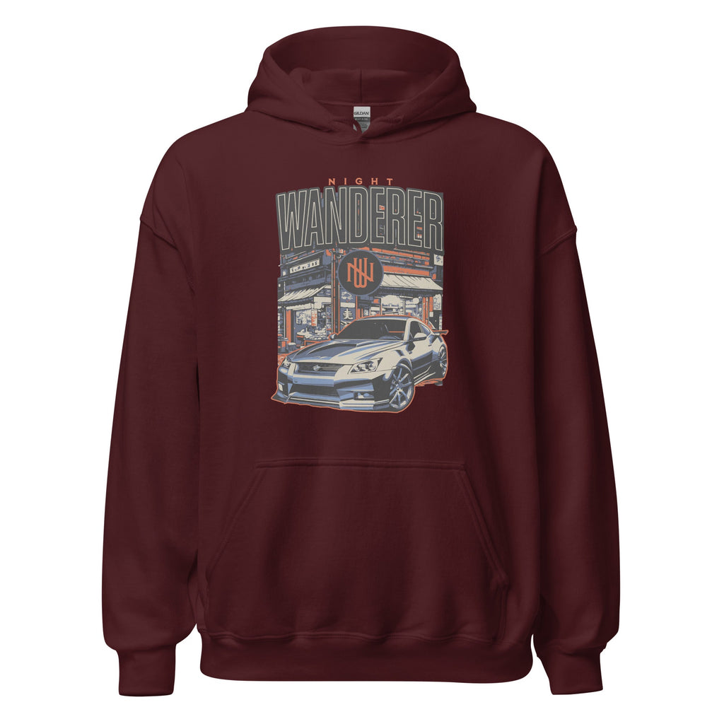 maroon hoodie with Vintage Night Wanderer Car graphic design on a white background