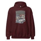 maroon hoodie with Vintage Night Wanderer Car graphic design on a white background