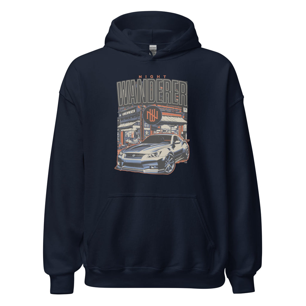 navy hoodie with Vintage Night Wanderer Car graphic design on a white background