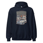 navy hoodie with Vintage Night Wanderer Car graphic design on a white background