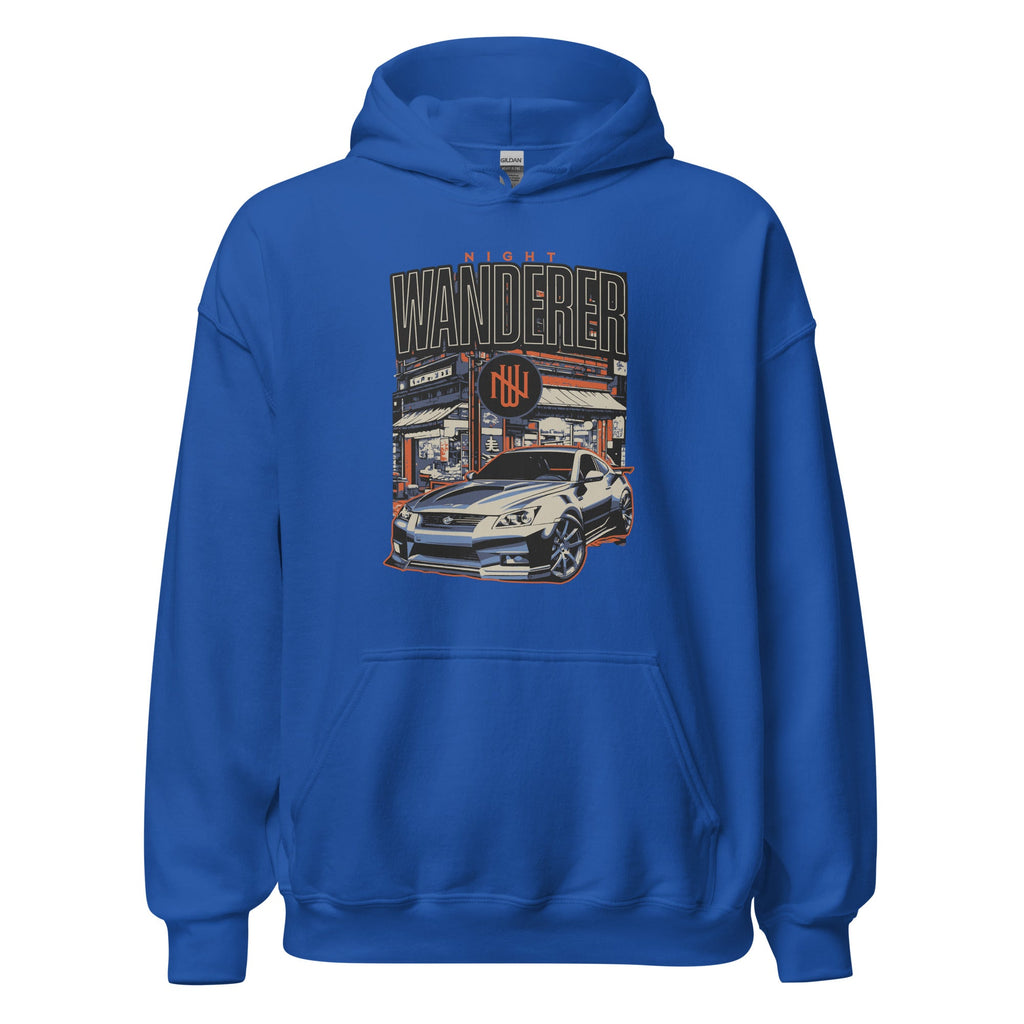blue hoodie with Vintage Night Wanderer Car graphic design on a white background