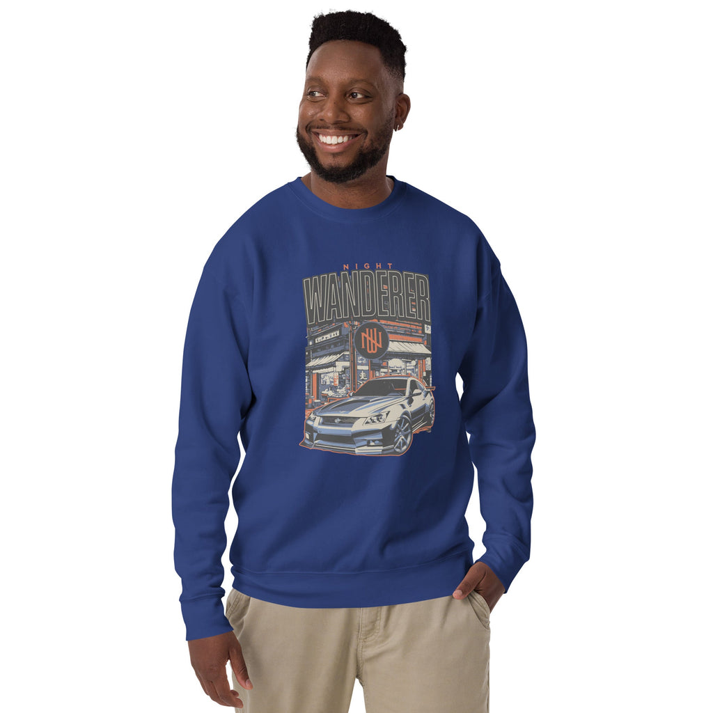 a man wearing a blue sweatshirt with Vintage Night Wanderer Car graphic design on a white background