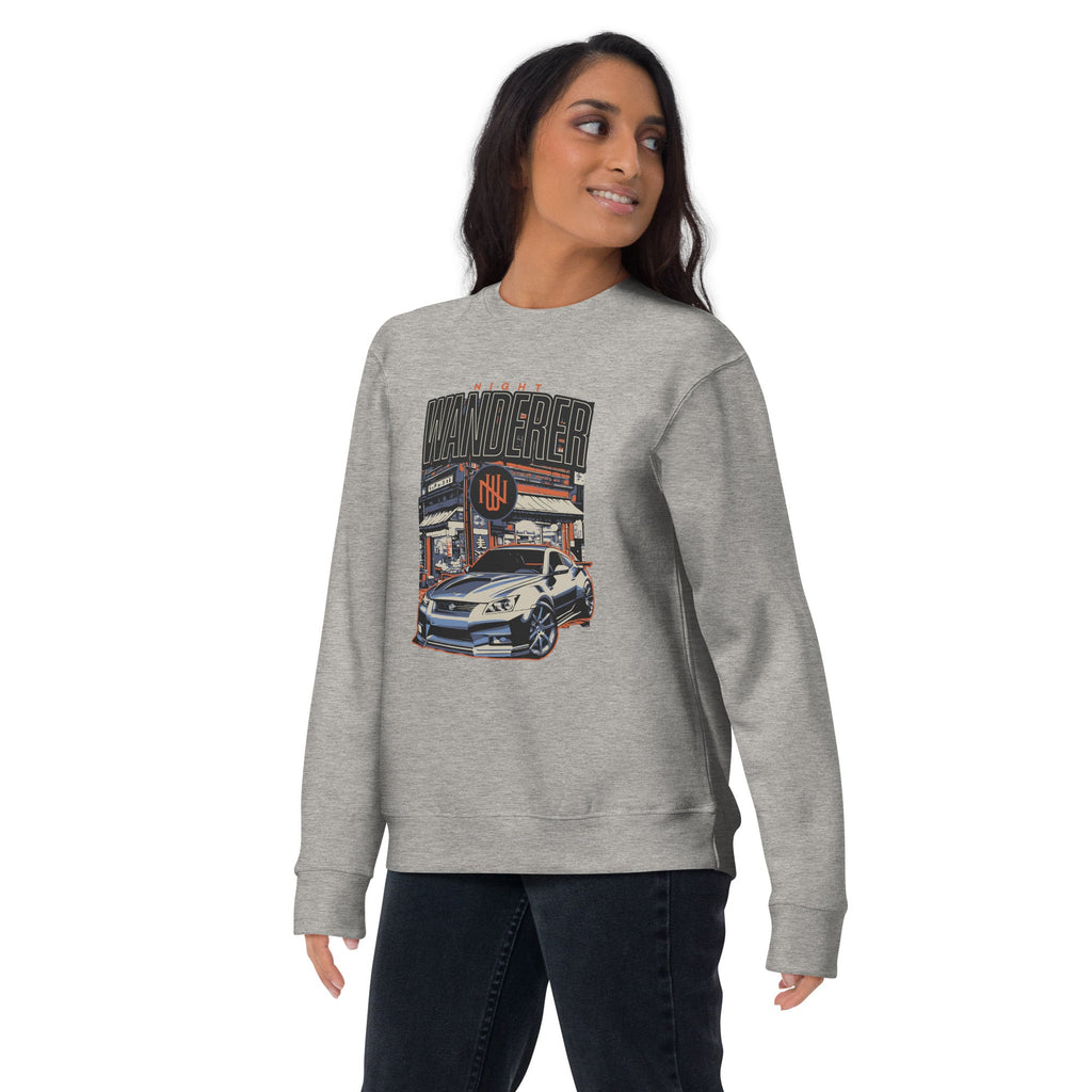a woman wearing a sport grey sweatshirt with Vintage Night Wanderer Car graphic design on a white background