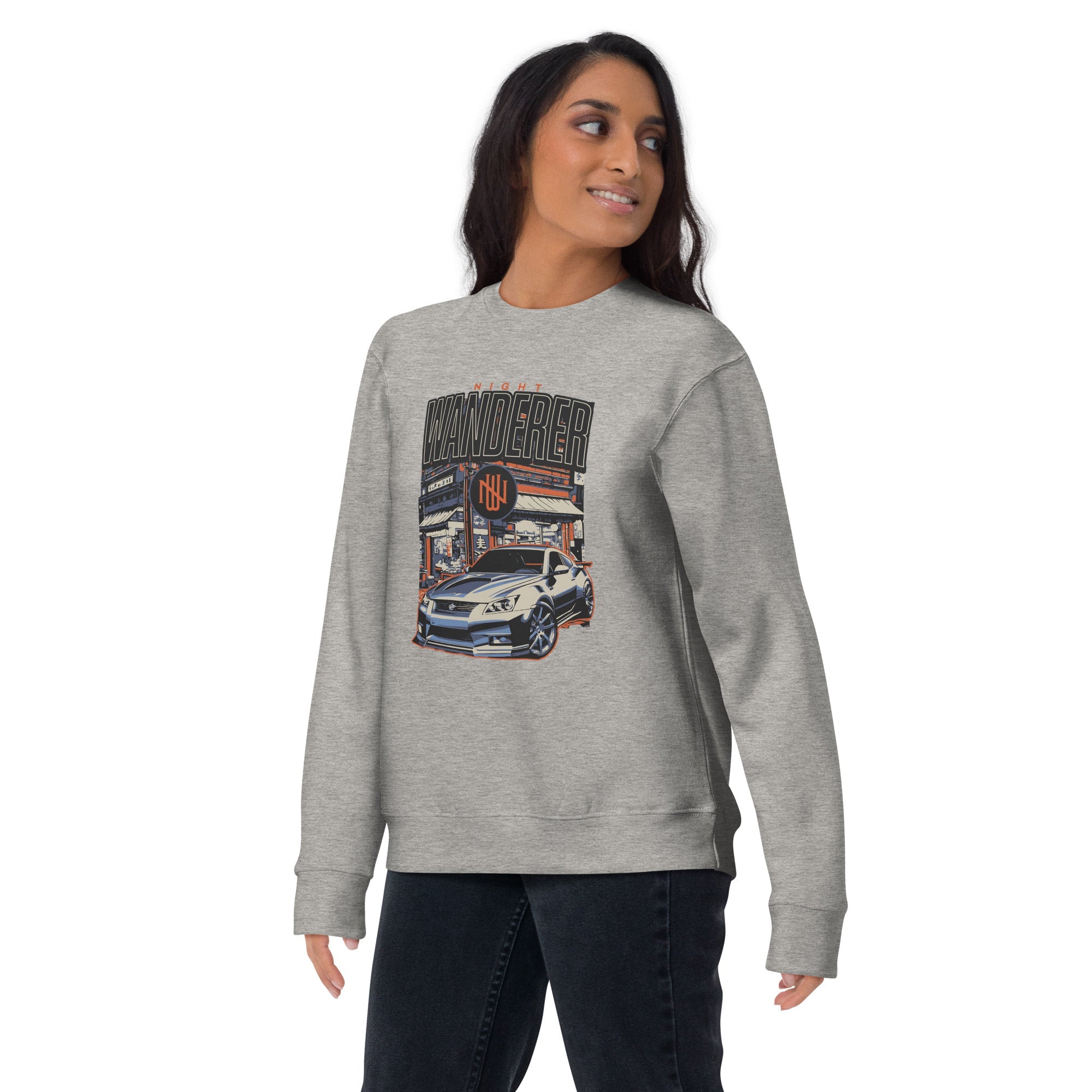 a woman wearing a sport grey sweatshirt with Vintage Night Wanderer Car graphic design on a white background