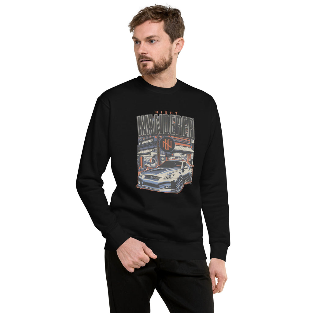 a man wearing a black sweatshirt with Vintage Night Wanderer Car graphic design on a white background