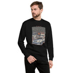 a man wearing a black sweatshirt with Vintage Night Wanderer Car graphic design on a white background