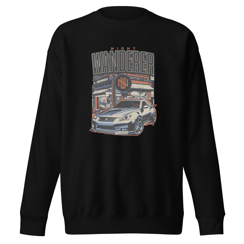 black sweatshirt with Vintage Night Wanderer Car graphic design on a white background
