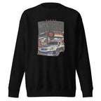 black sweatshirt with Vintage Night Wanderer Car graphic design on a white background