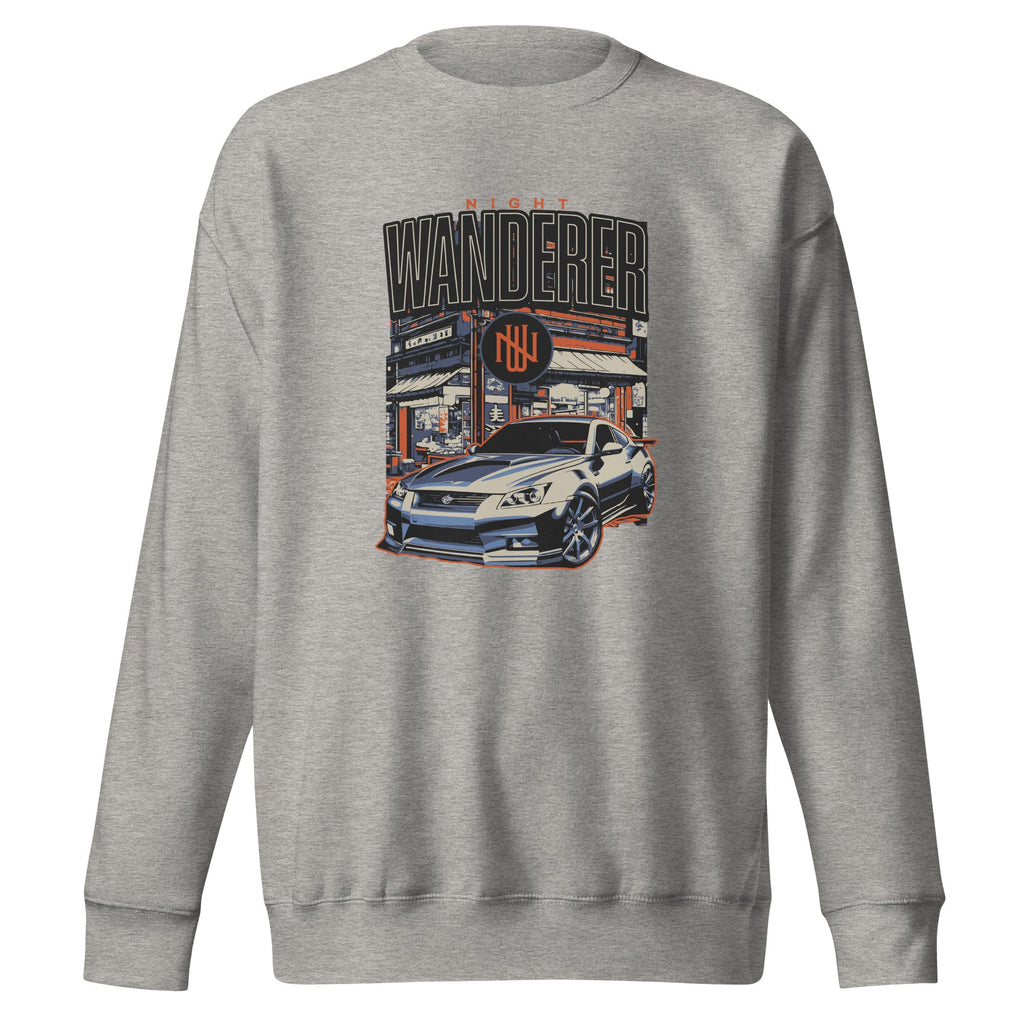 sport grey sweatshirt with Vintage Night Wanderer Car graphic design on a white background