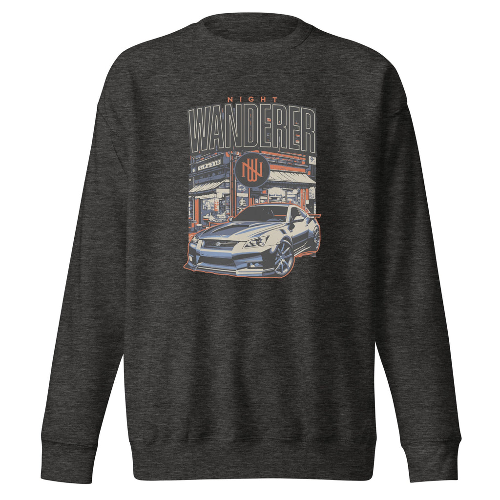 charcoal heather sweatshirt with Vintage Night Wanderer Car graphic design on a white background