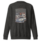 charcoal heather sweatshirt with Vintage Night Wanderer Car graphic design on a white background
