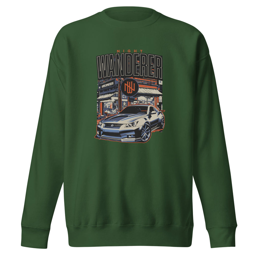 green sweatshirt with Vintage Night Wanderer Car graphic design on a white background