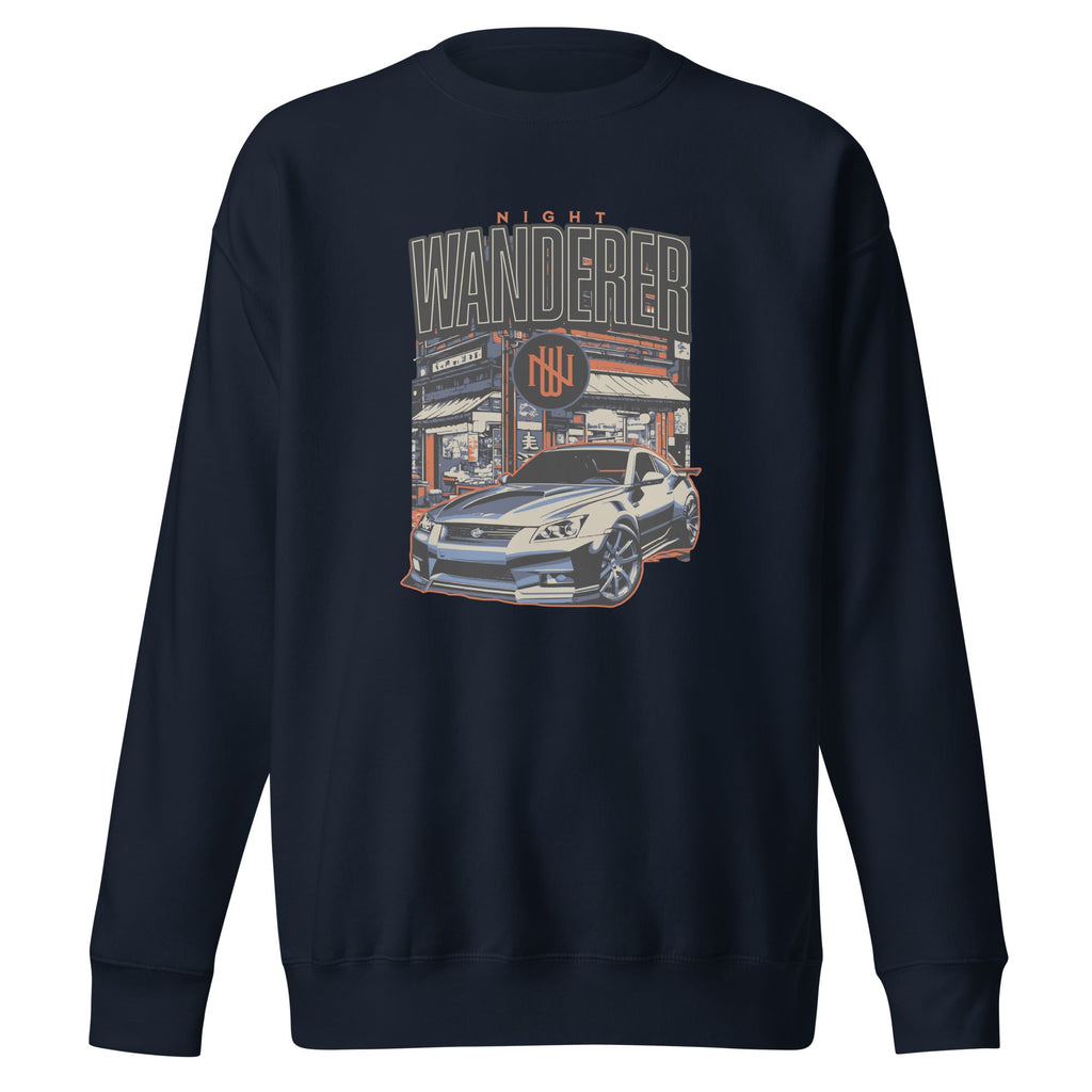 navy sweatshirt with Vintage Night Wanderer Car graphic design on a white background