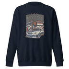 navy sweatshirt with Vintage Night Wanderer Car graphic design on a white background