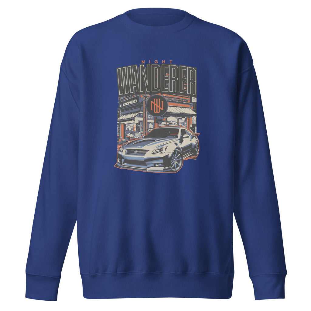 blue sweatshirt with Vintage Night Wanderer Car graphic design on a white background