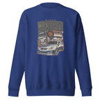 blue sweatshirt with Vintage Night Wanderer Car graphic design on a white background