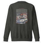 vintage black sweatshirt with Vintage Night Wanderer Car graphic design on a white background