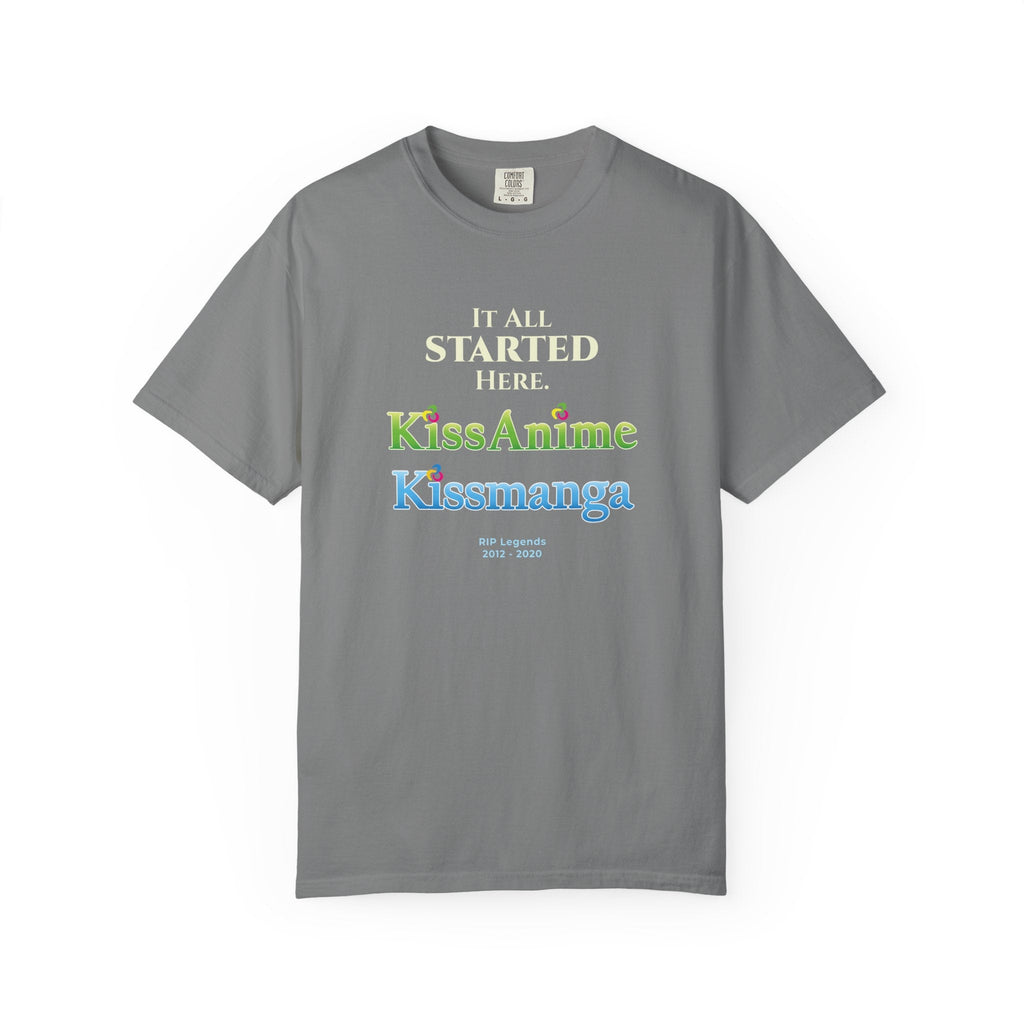 Grey t-shirt with tribute text for Kissanime and Kissmanga on a white background