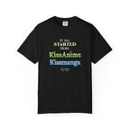 Black t-shirt with tribute text for Kissanime and Kissmanga on a white background