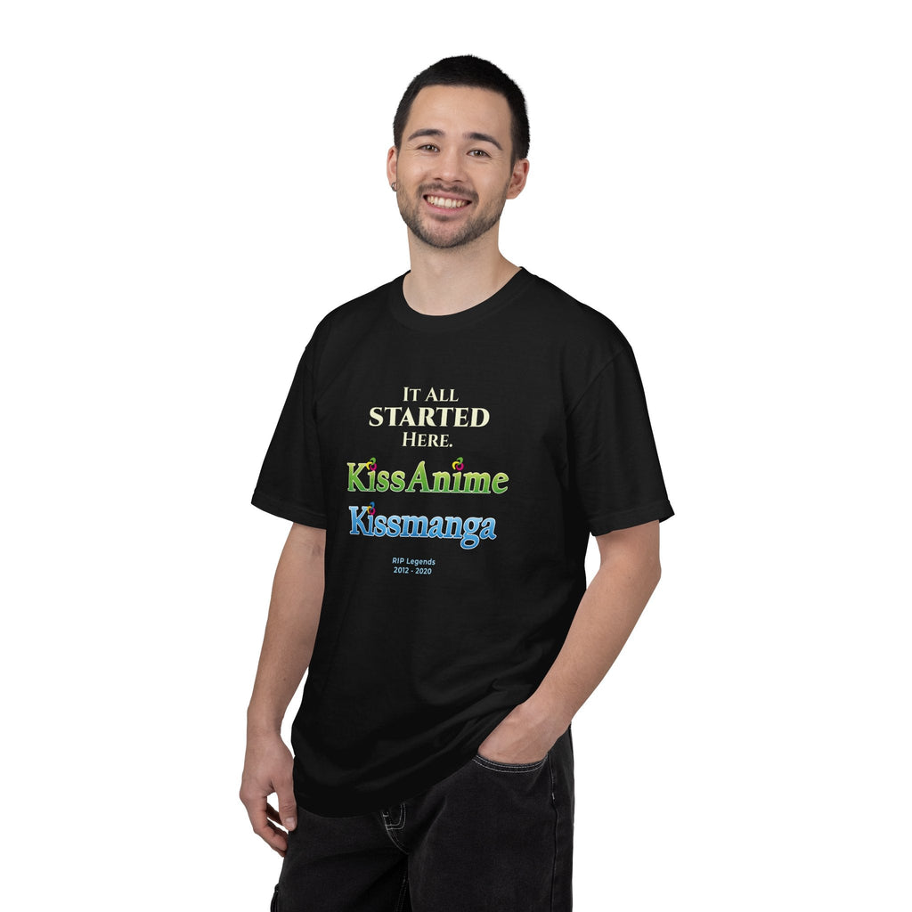 Man wearing a black t-shirt with text and Kissanime kiss manga logos on a white background