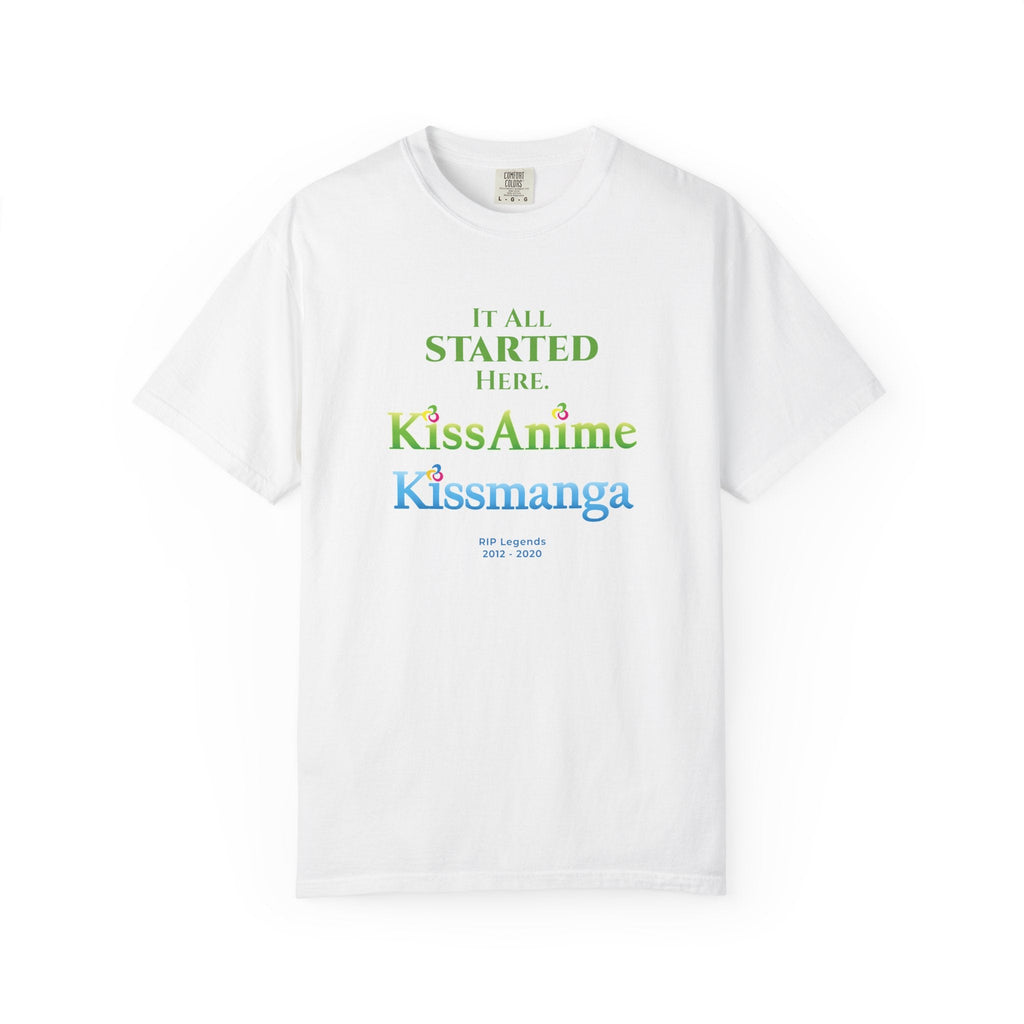 White t-shirt with tribute text for KissAnime and Kissmanga on a white background