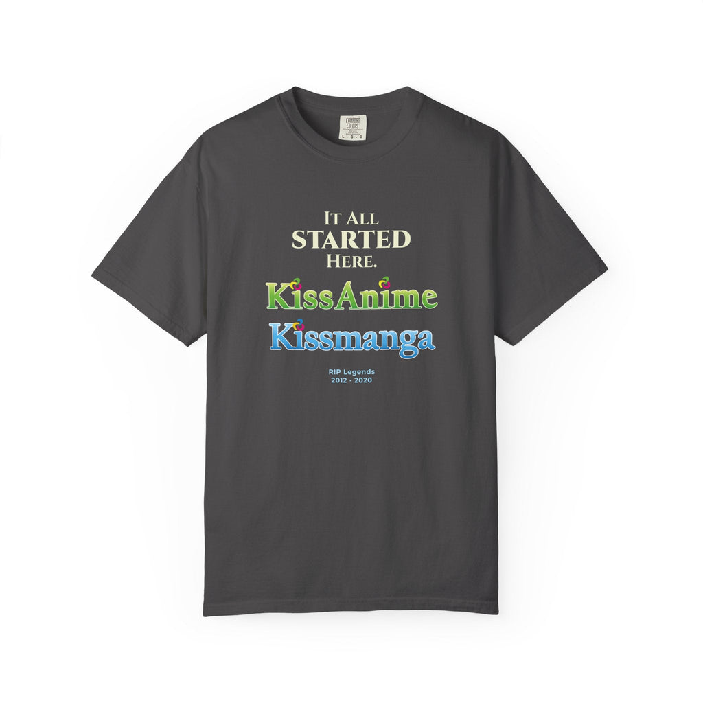Graphite t-shirt with tribute text for Kissanime and Kissmanga on a white background