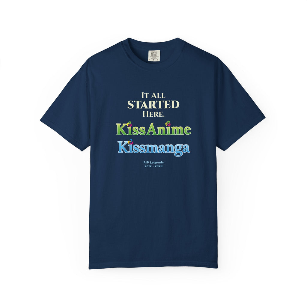 Navy t-shirt with tribute text for Kissanime and Kissmanga on a white background