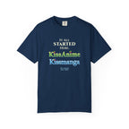 Navy t-shirt with tribute text for Kissanime and Kissmanga on a white background