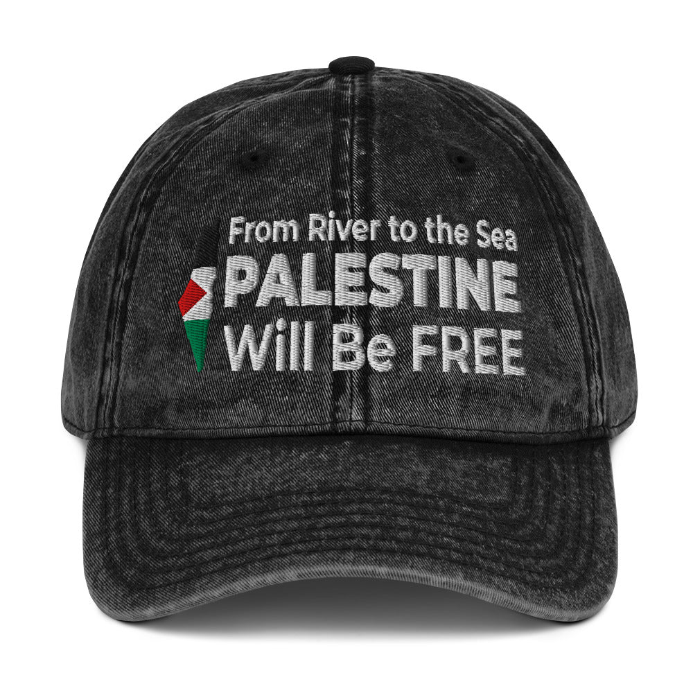 Black cap with 'Palestine Will Be Free' text and Palestinian flag design on a white background